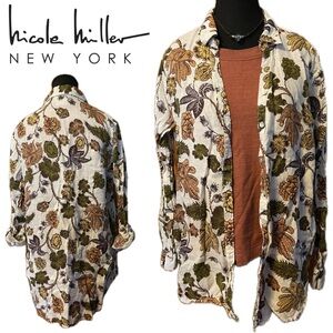 100% Linen Nicole Miller NY European Flax Floral Button Shirt Top Boho Coastal L